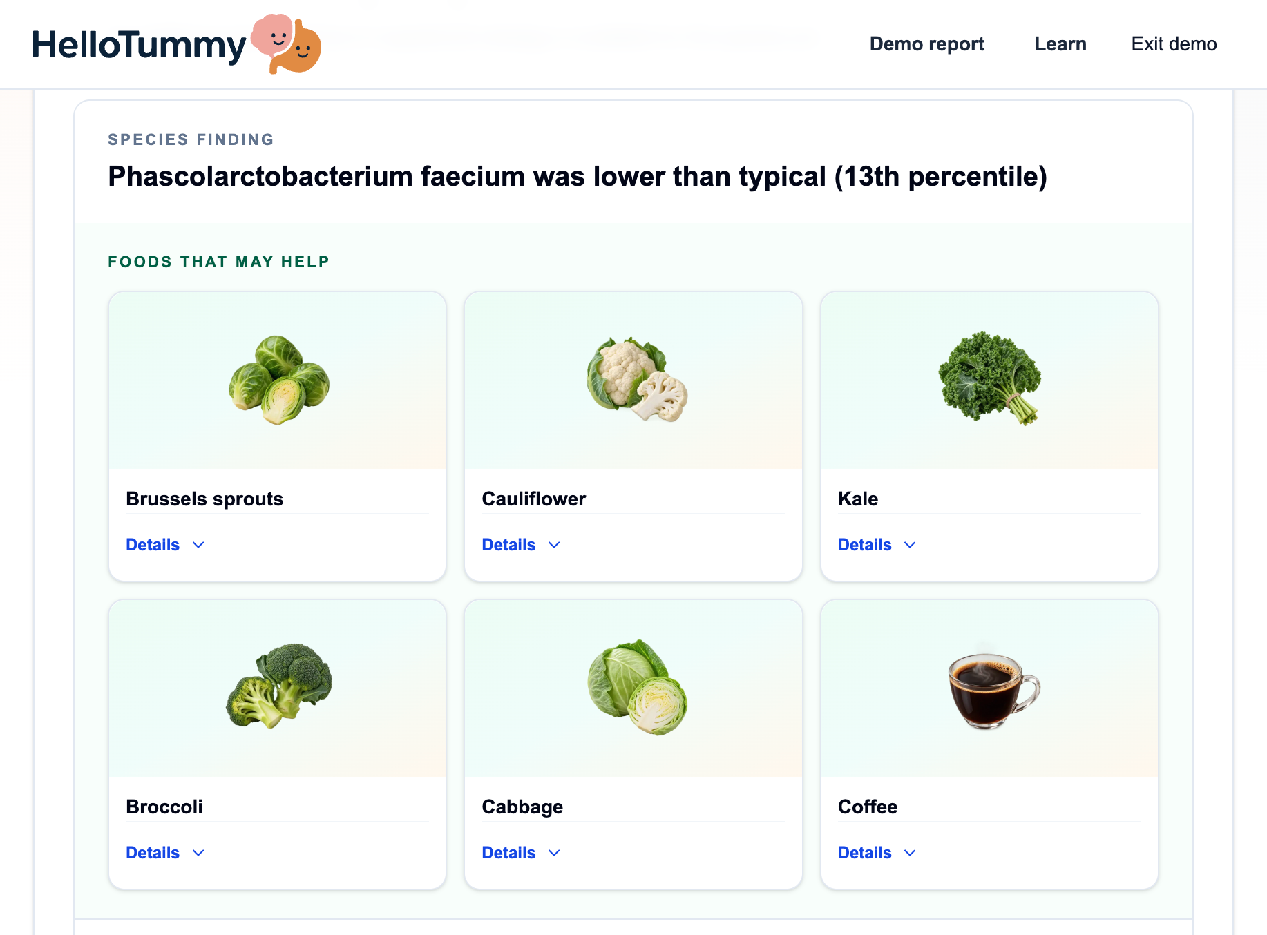 HelloTummy report example showing personalized food recommendations