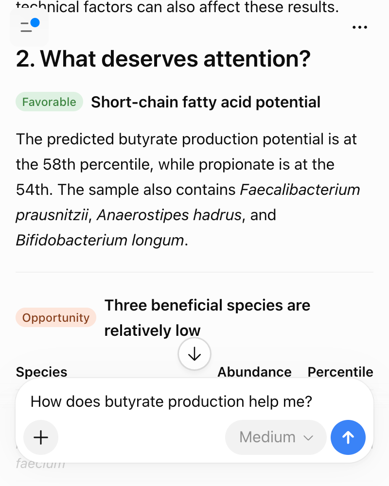 An AI follow-up answer based on HelloTummy microbiome data