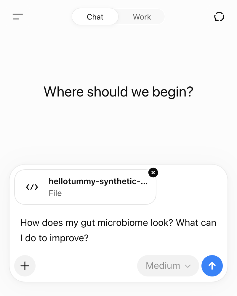 A HelloTummy microbiome data export attached to an AI conversation